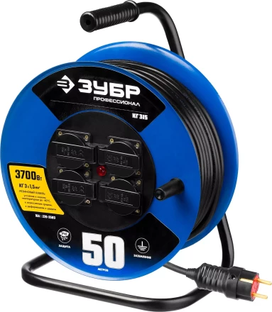Удлинитель на катушке &quot;КГ 315&quot;, 50 м, 3700 Вт, 4 гнезда, IP44, КГ 3х1,5 кв мм, ЗУБР 55080-50 купить в Ижевске