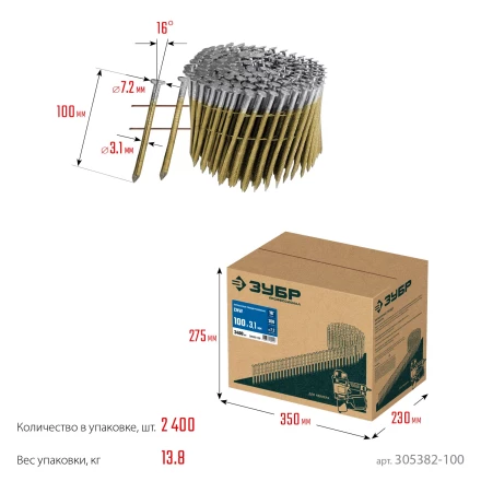 ЗУБР CNW 100 х 3.1 мм, барабанные гвозди рифленые, 2400 шт (305382-100) купить в Ижевске