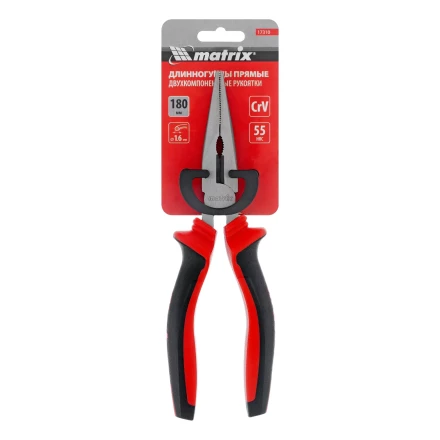 Длинногубцы прямые Matrix, 180 мм, хром-ванадий, двухкомпонентные рукоятки, 17310 купить в Ижевске