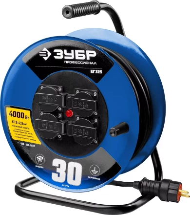 Удлинитель на катушке &quot;КГ 325&quot;, 30 м, 4000 Вт, 4 гнезда, IP44, КГ 3х2,5 кв мм, ЗУБР 55079-30 купить в Ижевске