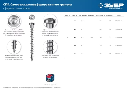 ЗУБР СПК, 60 х 5 мм, TX20, цинк, 140 шт, саморез для перфорированного крепежа, Профессионал (30061-50-60) купить в Ижевске