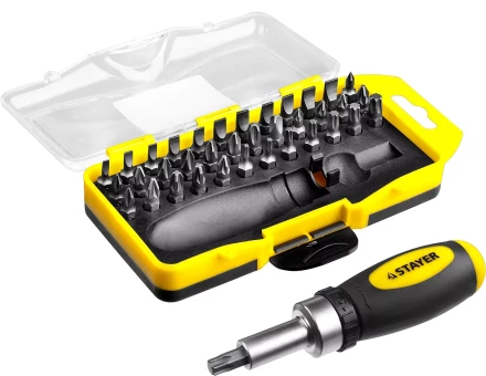 Отвертка реверсивная в наборе с битами, STAYER 2557-H38, Cr-V сталь, 38 предметов 2557-H38 купить в Ижевске