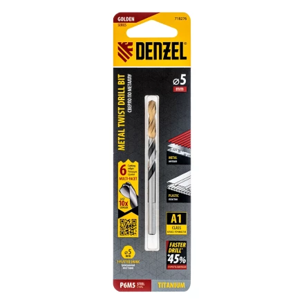 Сверло спиральное по металлу Denzel 5 x 86мм, Р6М5, Golden Tip, многогранная заточка, 718276 купить в Ижевске