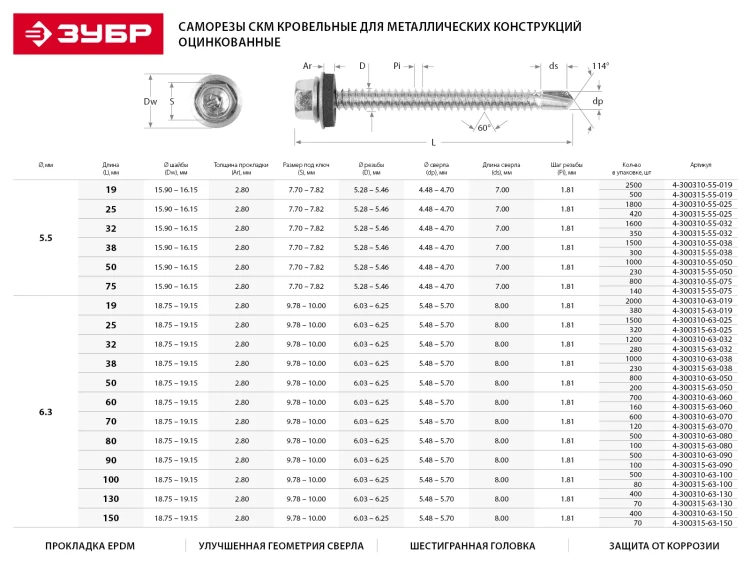 Саморезы ЗУБР окраш., RAL 5009 небесно-голуб., для крепл. кров. матер. к дерев. обреш., 4.8x80мм, 140шт 4-300315-48-080-5009 купить в Ижевске