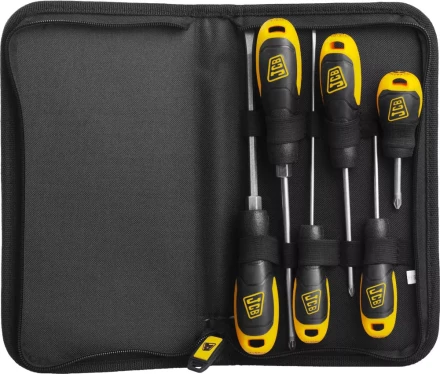 Набор JCB: Отвертки, хромомолибденовая сталь S2, двухкомпонентные рукоятки, магнитный наконечник, 7 предм, чехол JSD019 купить в Ижевске