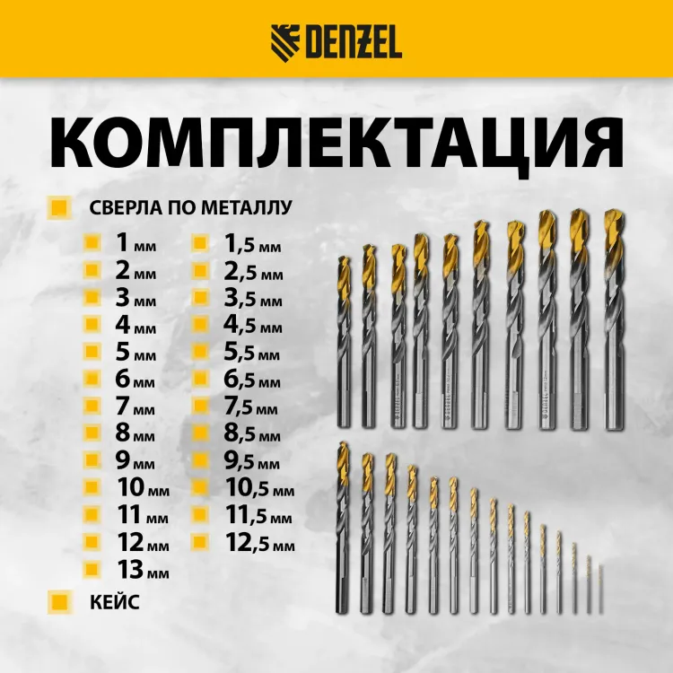 Набор сверл по металлу Denzel 723009, 1-13 мм, Р6М5-TiN, Golden Tip, 25 шт купить в Ижевске