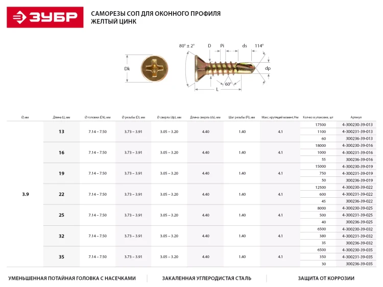 Саморезы ЗУБР "МАСТЕР" со сверлом для оконного профиля, жёлтопассивированные, 3.9x32мм, 6500шт 4-300230-39-032 купить в Ижевске
