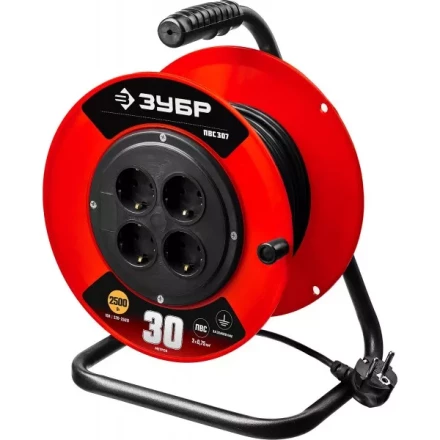 Удлинитель на катушке &quot;ПВС 307&quot;, 30 м, 2500 Вт, 4 гнезда, ПВС 3х0,75 кв мм, ЗУБР 55083-30 купить в Ижевске