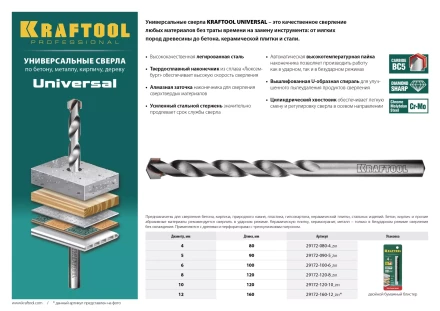 Сверло "UNIVERSAL" по бетону, металлу, дереву, KRAFTOOL PROFESSIONAL 29172-100-6, 6 х 100 мм 29172-100-6_z01 купить в Ижевске