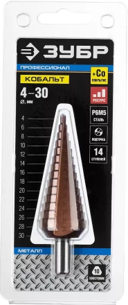 Сверло ЗУБР &quot;КОБАЛЬТ&quot; ступен. по сталям, цв.мет.ст.Р6М5 с кобальт.покрыт.d4-30 мм,14ст.d4-30, L-100мм, трехгр.хв. 10мм 29672-4-30-14 купить в Ижевске