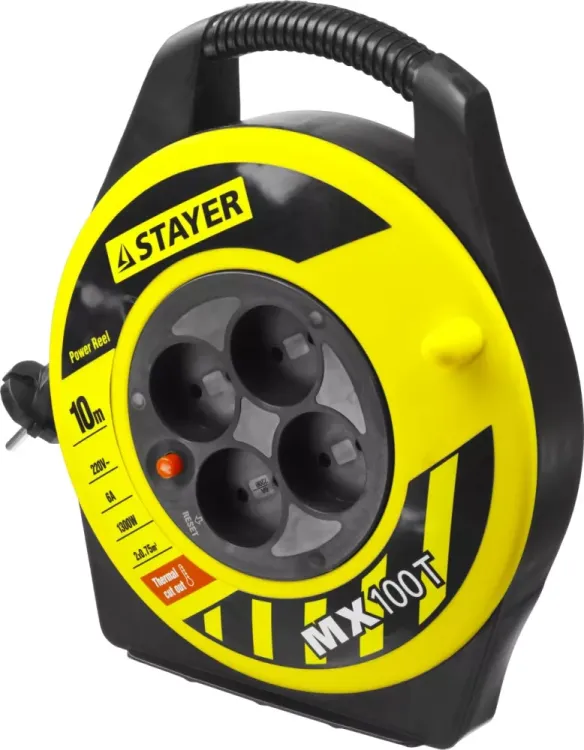 Удлинитель на катушке "MX100T", 10 м, 4 гнезда, ПВС 2x0,75 кв мм, 1300 Вт, STAYER 55071-10 купить в Ижевске