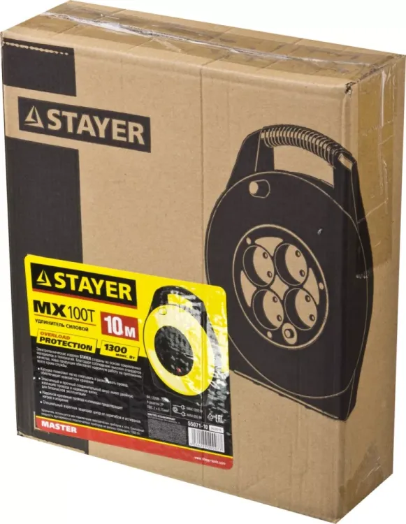 Удлинитель на катушке "MX100T", 10 м, 4 гнезда, ПВС 2x0,75 кв мм, 1300 Вт, STAYER 55071-10 купить в Ижевске