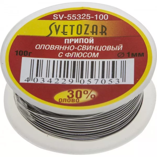 Припой СВЕТОЗАР оловянно-свинцовый, 30% Sn / 70% Pb, 100гр SV-55325-100 купить в Ижевске