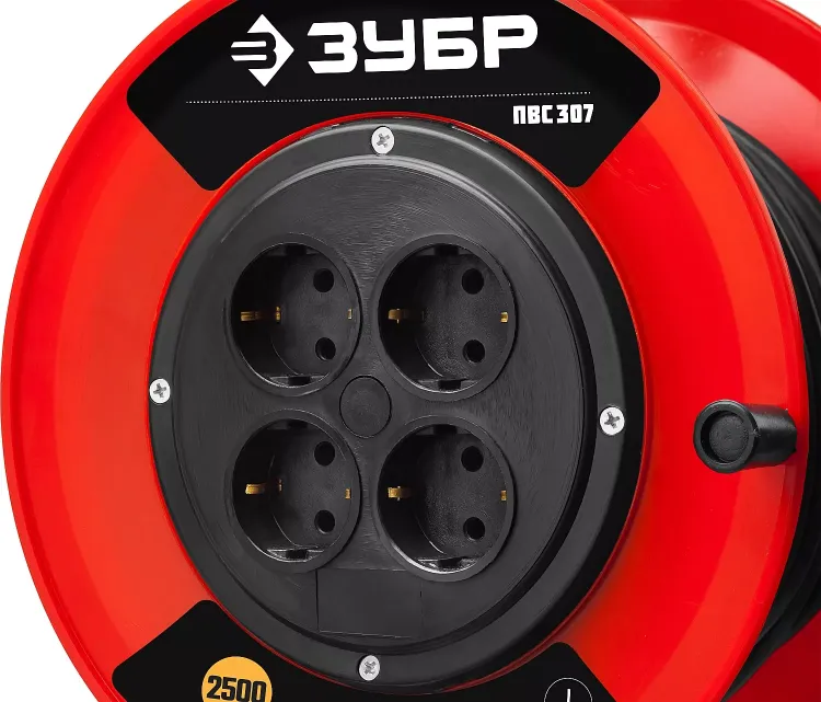 Удлинитель на катушке "ПВС 307", 50 м, 2500 Вт, 4 гнезда, ПВС 3х0,75 кв мм, ЗУБР 55083-50 купить в Ижевске