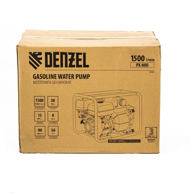 Мотопомпа бензиновая для грязной воды PX-80D, 15 л.с, 3", 1500 л/мин, глубина 8 м , напор 30 м Denzel 99204 купить в Ижевске