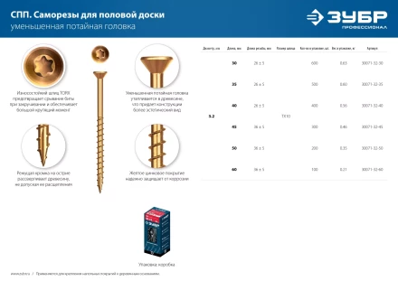 ЗУБР СПП, 45 х 3.2 мм, TX10, цинк, 300 шт, саморез для половой доски и паркета, Профессионал (30071-32-45) купить в Ижевске